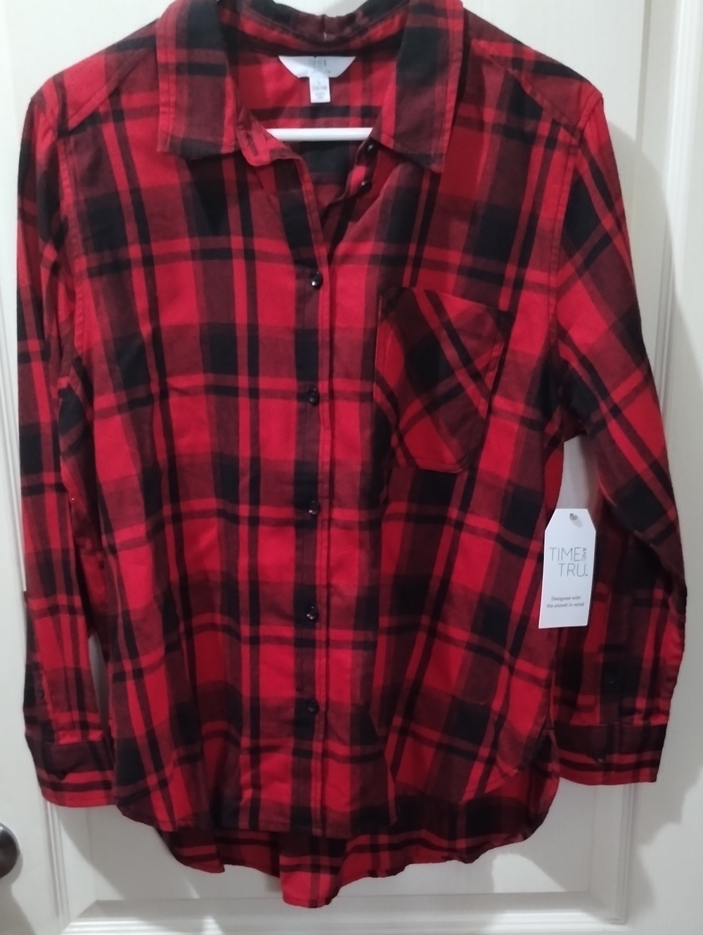 Time and Tru Red and Black Plaid Button-Down Shirt